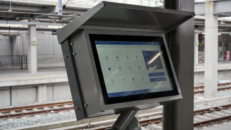 Durable outdoor touch screen kiosk deployed at a high-traffic transit hub rail platform, showing resistance to conductive brake dust and harsh environments