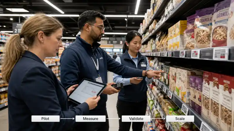 Retail operations and IT teams validating electronic shelf labels during a supermarket pilot Retail operations and IT teams validating electronic shelf labels during a supermarket pilot